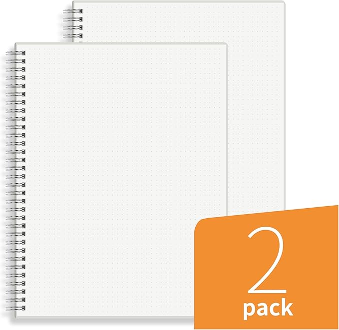 Large Dot Grid Spiral Notebook, 8.5" x 11", Premium 100gsm Ivory White Paper, Sturdy See-Through Cover, 128 Dotted Pages per Notebook(2 Pack) for Home, School, Office, Artist Writing/Drawing
