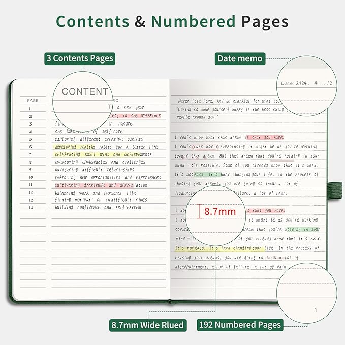 AHGXG Wide Ruled Notebook for School - Lined Journal for Women Men, 192 Numbered Pages, 100 GSM Thick Paper, A5 Hardcover Leather Notebook for Work, Writing, 5.7"×8.3" - Green