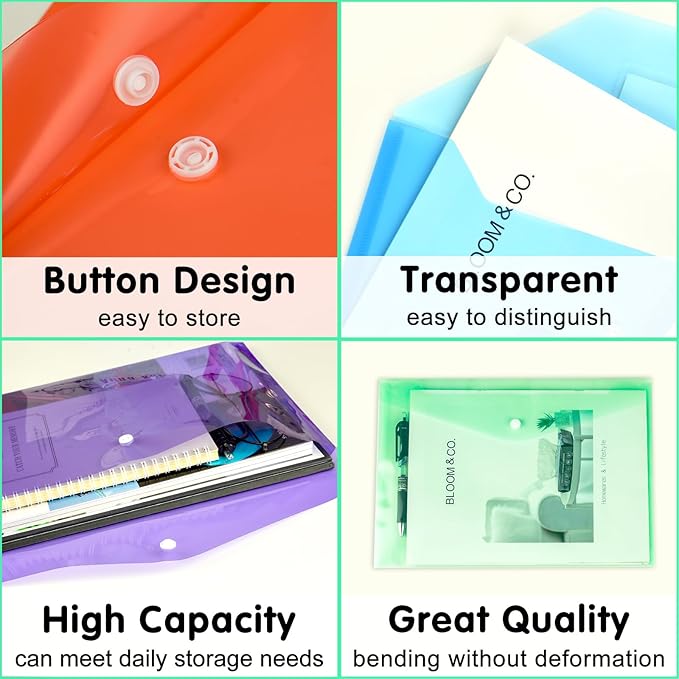 NACHLYNN 108 Pack Plastic Envelopes Poly Envelopes with Snap Closure A4 Size Clear Document File Folders Organizers Assorted Color File for School Office Supplies