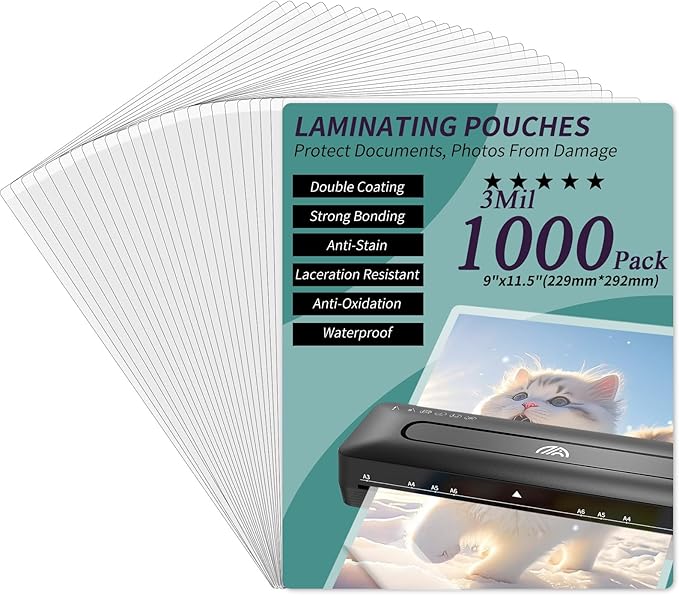 Laminating Sheets - 3Mil 1000 Pack Thermal Laminating Pouches, 9"x11.5" Clear Laminate Sheets for Schedules, Menus, Certificates, Art Drawings, Round Corner