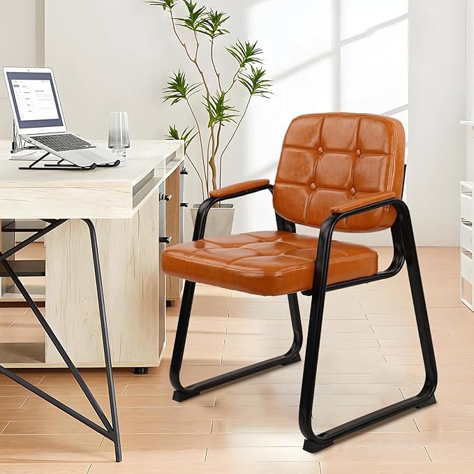 CLATINA Office Guest Chair, Leather Reception Chairs with Padded Arms, Desk Chair No Wheels Stationary for Conference Lobby Waiting Room Training Side Elderly, Orange