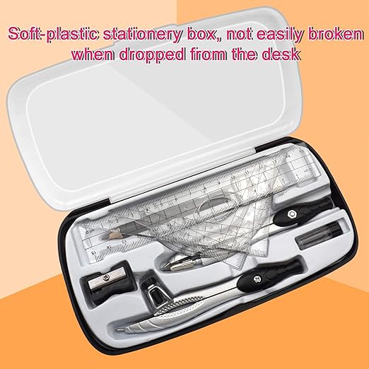 Professional Geometry Compass Set, Starter Compass Set Includes 2 Drafting Compasses, Protractor, 2 Set Squares, Ruler in Storage Box, Back-to-School Math Supplies for Students, Black