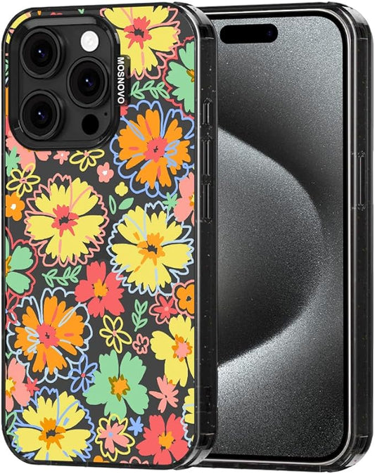 MOSNOVO Case for iPhone 15 Pro, [10ft 4X Military-Grade Drop Protection] Durable & Shockproof Phone Case Cover Design for iPhone 15 Pro - Retro Boho Hippie Flowers - Clear Black