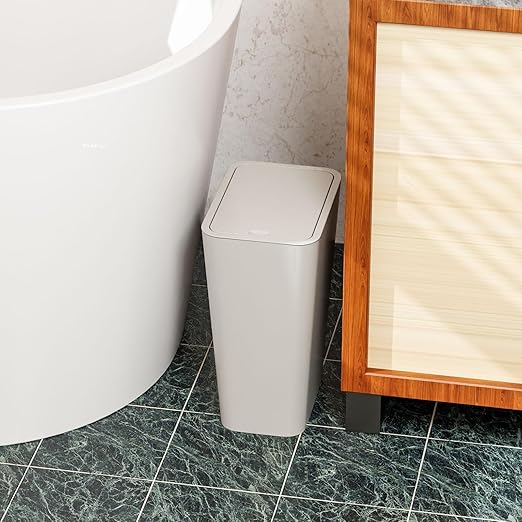 Yieach 12L Slim Bathroom Trash Can with Lid,3.17 Gallon Pet/Dog Proof Kitchen Trash Can,Rectangle Thin Garbage Can,Covered Waste Basket,Narrow Small Plastic Trashcan for Room,Bedroom,Office,Grey 3PCS