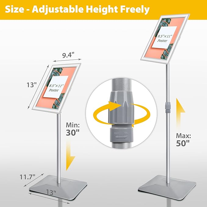 8.5"x11" Pedestal Poster Stand with Heavy Duty Solid Steel Base, Adjustable Floor Standing Sign Holder for Vertical and Horizontal Display, Silver 3Pack