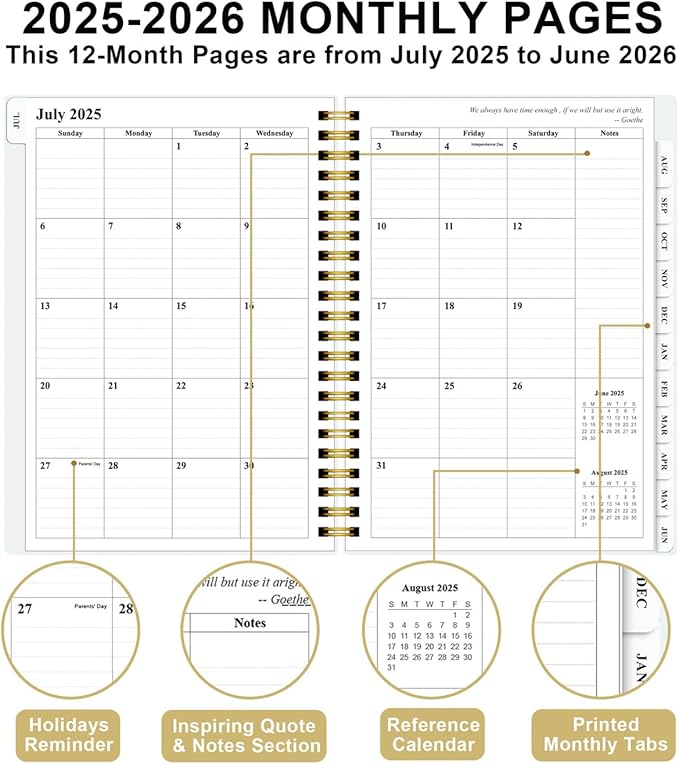 Planner 2025-2026 - Weekly & Monthly Planner from July 2025 to June 2026, Agenda 2025 2026 with Inner Pocket, Elastic Band, 6.4" x 8.5", Green Leaf