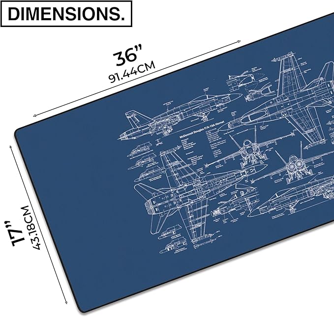 MPCO. Blueprints Large Gaming Desk Pad - 36" x 17" Aeroglyde Fabric 18A Hornets – Blue Desk Mats - Non-Slip, Washable, Smooth Glide for Precision Gaming & Work