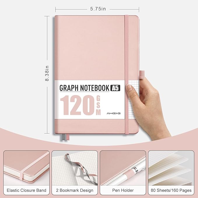 AHGXG Graph Paper Notebook - Grid Notebook Journal A5, 120 GSM Thick Graph Paper, 160 Pages, Leather Hardcover, for Graphing, Writing, Math, Engineering, 5.75'' × 8.38''- Rose Gold