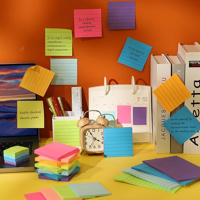 Leinuosen 64 Pack Lined Sticky Notes Self Stick Notes with Lines Bright Assorted Colors Sticky Pad for Home Office Products Post Memos, 2560 Sheets
