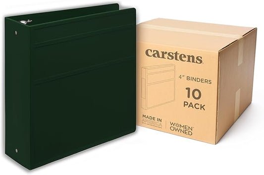 Carstens 4-Inch Heavy Duty 3-Ring Binder - Side Opening, Forest Green, Durable Plastic, No-Gap Rings, Waterproof Cover No Pockets, Holds 600 US Letter Sheets, BPA-Free Made in USA (1850-3R) Case of 10