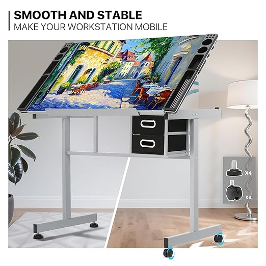 MoNiBloom Drafting Table on Wheels with Storage & Side Tray - Adjustable 0-65° Glass Tabletop, Replaceable Feet Art Desk