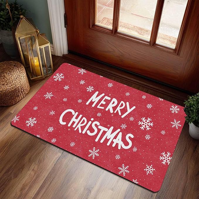 Christmas Door Mat for Indoor Outdoor Merry Christmas Snowflakes Welcome Mat Home Decor Non-Slip Rug Perfect for Front Door and Entryway Easy Clean, 18" x 30"Inch
