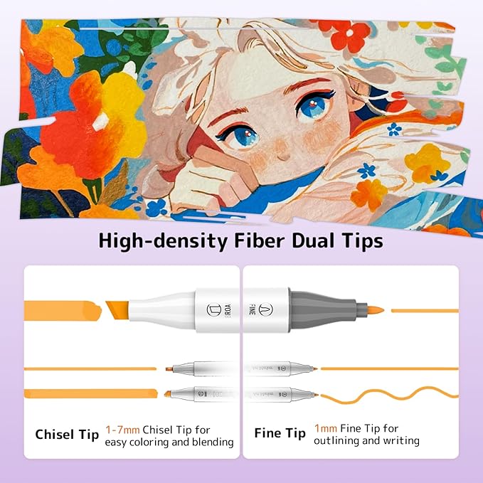 Alcohol Markers, [Beginner Preferred] 100 Vibrant Colors & Dual Tips Art Markers for Kids/Adult Coloring, with Pro Ink, Seamless Blend, Non-Bleeding Pad, & Color Card, for Amateurs/Artists