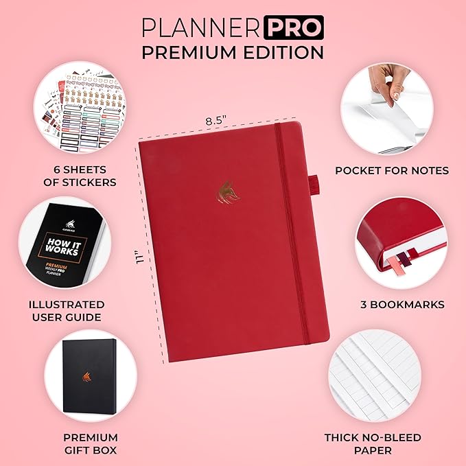 Clever Fox Planner Pro Premium – Luxurious Weekly & Monthly Planner with Budget Organizer for Productivity & Goals, Undated, A4 (Red)
