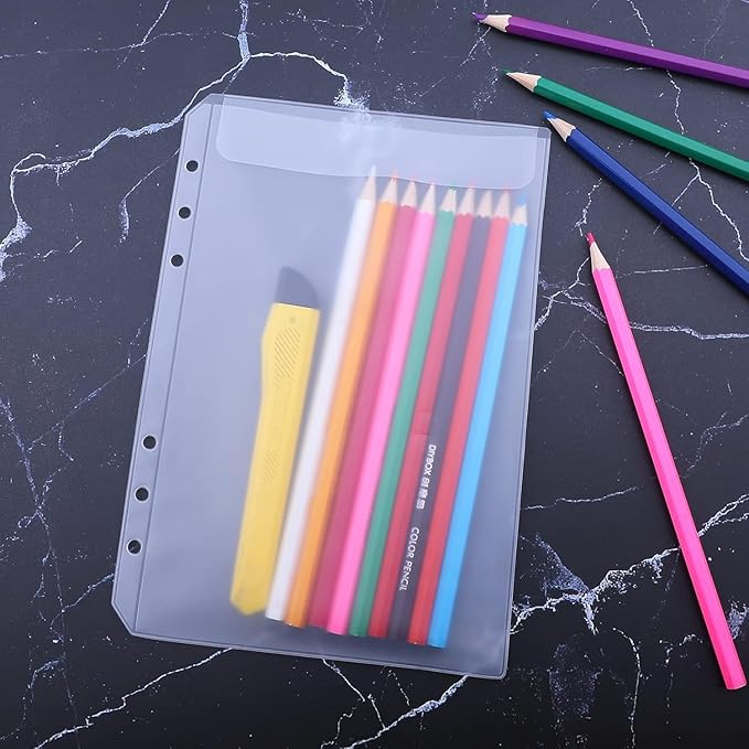 Binder Pockets, 20pcs A5 Size 6 Holes Binder Pockets, [Waterproof PVC Pouch] Premium Clear Binder Zipper Folders Document Filing Bags for 6-Ring Notebook Binder Loose Leaf Bags,-Clear