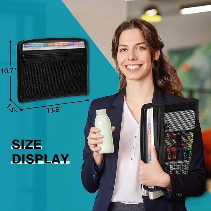 H4D Zippered Accordion File Organizer with Front Mesh Pouch, 13 Pocket Expanding File Folder, Fit for Documents Letter Size A4 Papers, Black
