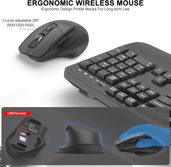 Wireless Keyboard and Mouse Combo, 2.4G Full Size Wave Keys Ergonomic Keyboard with Wrist Rest and 3-Level DPI Adjustable Wireless Ergonomic Mouse for Windows, Mac OS Desktop/Laptop/PC(Graphite)