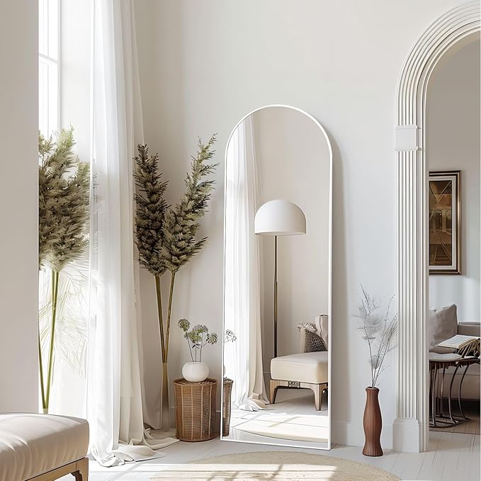 MELOMOIR 56"x18" Arched Full Length Mirror, Free Standing Leaning or Hanging, Thin Aluminum Frame, Tempered Glass, Suitable for Living Room Bedroom Cloakroom Hallway Home Gym, White
