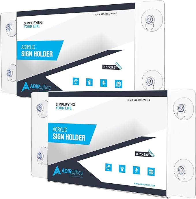 Adir Acrylic Sign Holder – Window Sign Holder with Suction Cups for Advertising and Promotion, Wall-Mount Display Frame, Clear Sign Holder Stand for Glass, Mall, Restaurants, Office - 2 Pack (8.5x5.5 Inch)