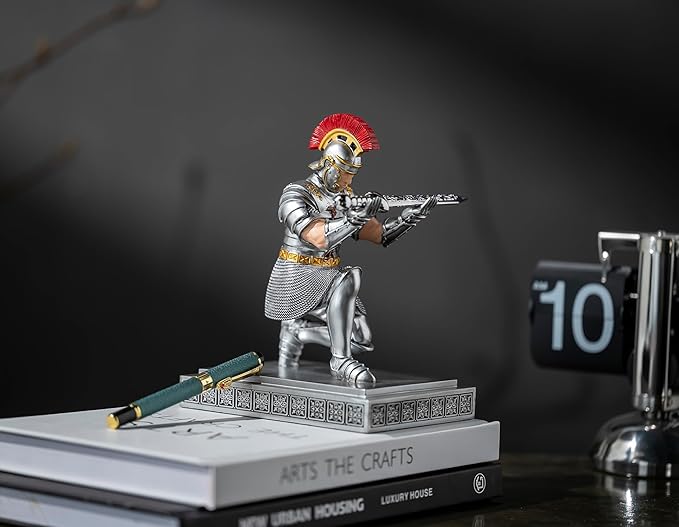 Roman Praetorian Warrior Knight Pen Holder Desk Ornament Resin Pencil Holder Desk Accessories and Organizer for Office with a Letter Opener (Silver)