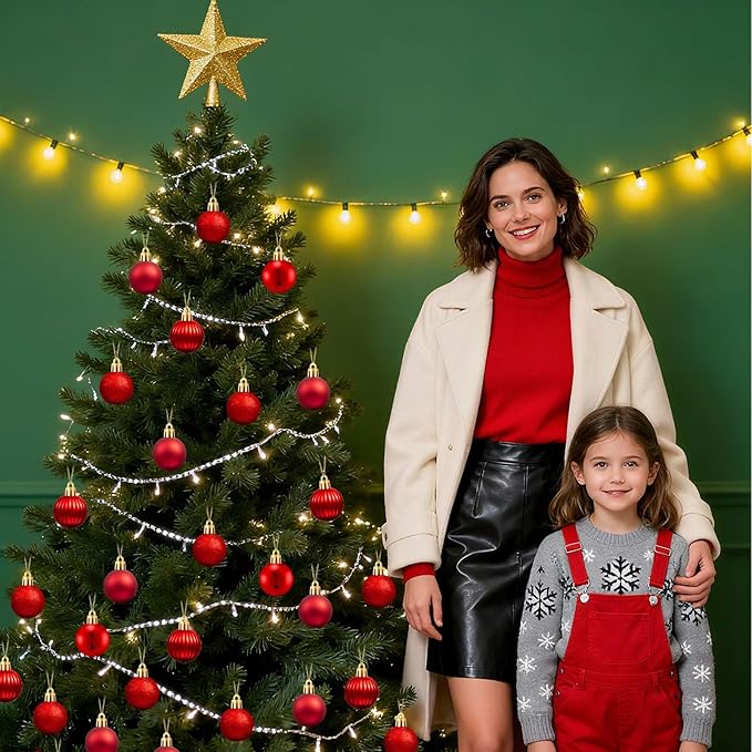 Set of 24 Small Red Christmas Ornaments Balls for Christmas Tree, 1.2 inch Mini Red Ornaments for Mini Tree, Tiny Plastic Shatterproof Hanging Bulbs Xmas Valentine Party Indoor Outdoor Decorations