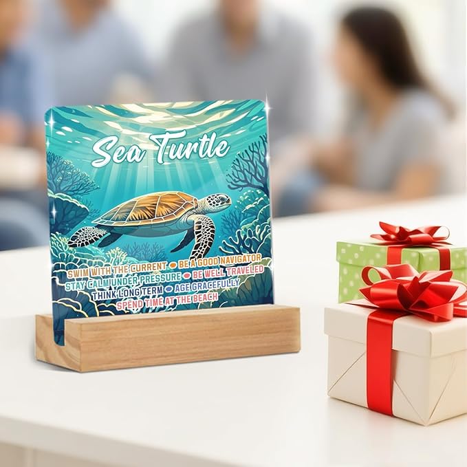 Sea Turtles Office Decor Sign, Inspirational Turtle Clear Acrylic Sign With Wooden Stand, Thank You Gifts for Home Office Desk Decorative Signs for Tabletop Cubicle Shelf Desk Accessories Decor