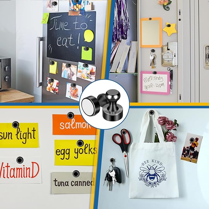 LOVIMAG Refrigerator Magnets, 56 Pcs Fridge Magnets Black Strong Magnets for Whiteboard, Small Neodymium Magnets for Fridge, Push Pins Magnets Ideal for Kitchen Magnets, Office Magnets, Map Decorative