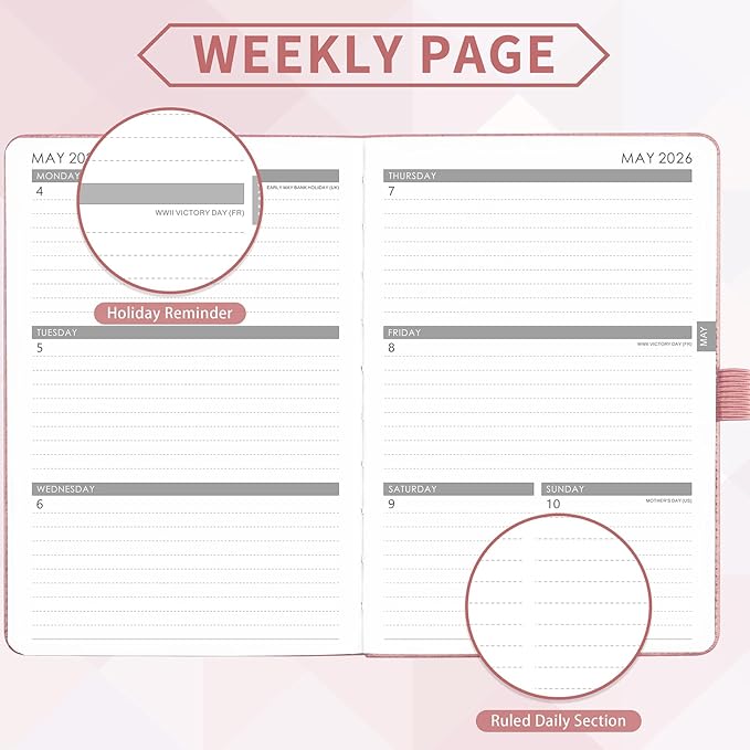2026 Planner - Planner 2026, 2026 Weekly Monthly Planner, Jan.2026 - Dec.2026, 5.7'' x 8.4'', Thick Paper, Leather Cover, Pen Holder, Back Pocket, Bookmarks, Perfect Daily Organizer - Rose Gold