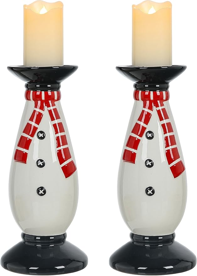 Set of 2 Christmas Hand-Painted Ceramic Large Candle Holders for Pillar Candles (Snowman)