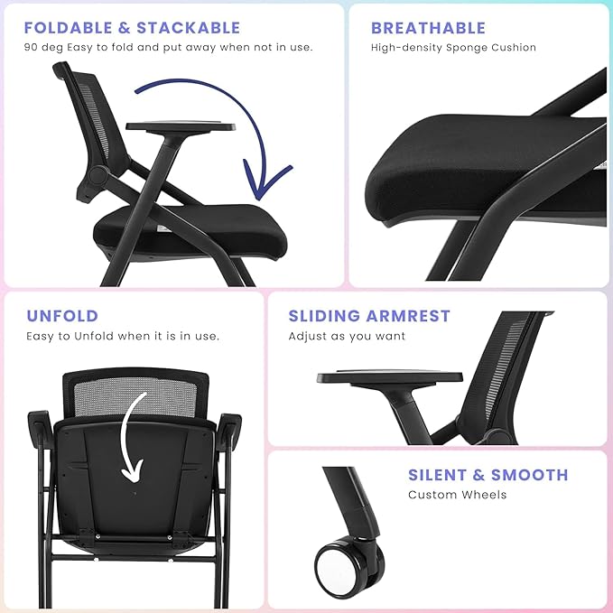 Conference Room Chairs with Wheels and Paddle, Ergonomic Mesh Back and Arms for Meeting, Conference, Reception, Training Room & Home Office Desk Folding Chairs 8 Pack