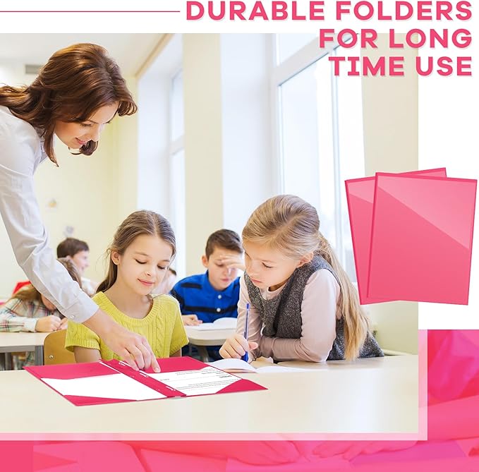 Henoyso 36 Pcs Plastic Folder with Clear Front Pocket and 3 Prong Plastic Folders with Card Slot Pocket Folders with Prongs for School Office (Rose Pink)