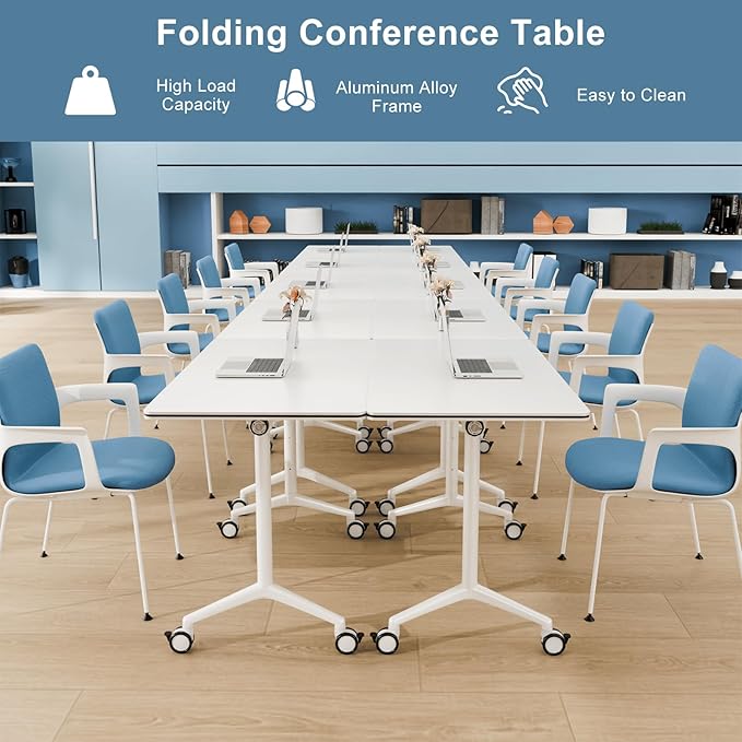 8pack Folding Conference Room Table, Modern Conference Tables with Silent Wheels, Large Rectangular Mobile Training Tables for Office Classroom, Foldable Modular Seminar Table White (L63in)