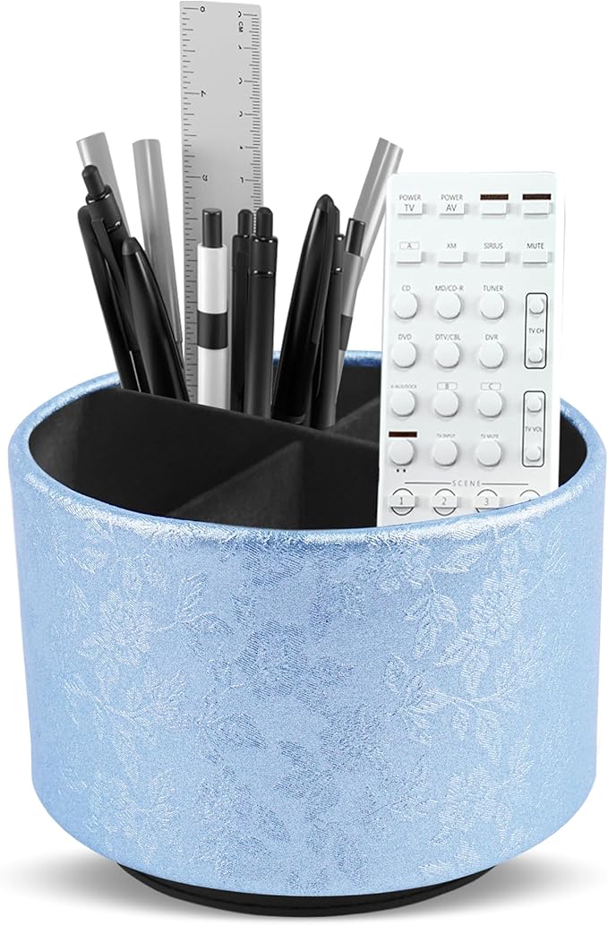 lizimandu Round Leather Art Supply Organizer,Remote Control Holder,360 Degree Spinning,Multi-Functional Pencil Holder,4 Compartments Desktop Stationary Organizer(1-Liuli Blue)