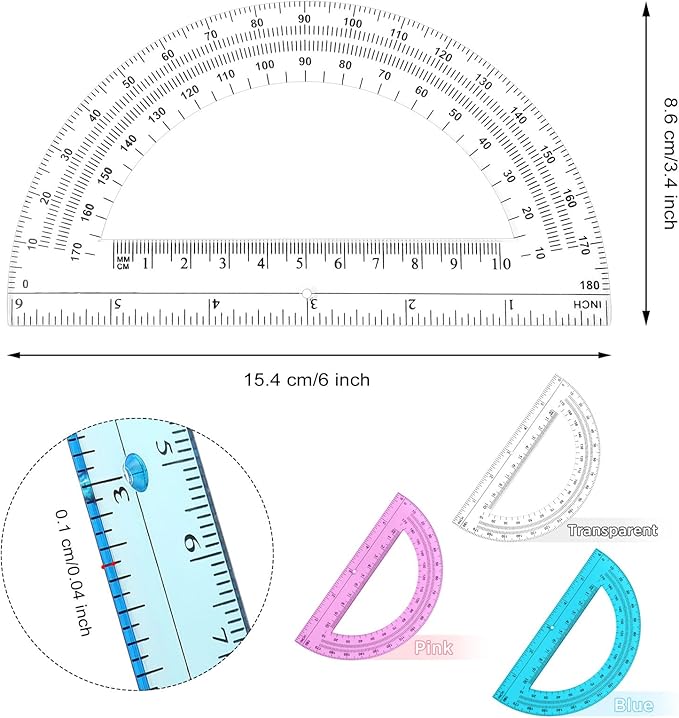 Zonon 12 Pack 6 Inch Plastic Protractor Back to School Protractors 180 Degrees Pink Blue Clear Protractors for Classroom Math Teacher Student Office Supplies