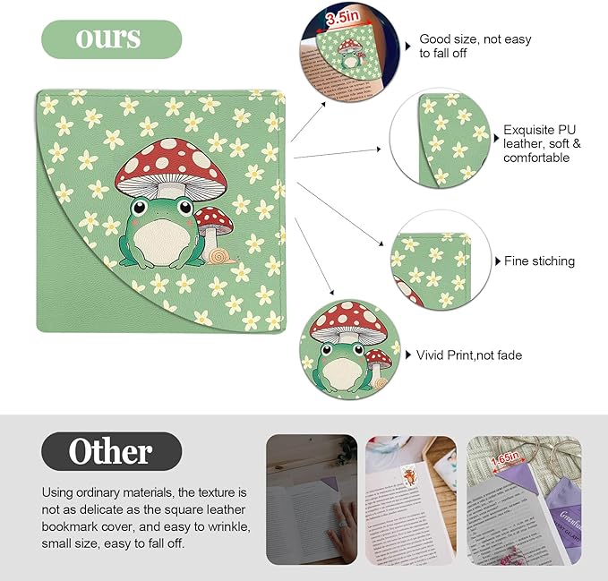 4PC Mushroom Corner Bookmarks, Fun Leather Bookmark Set, Book Accessories for Reading Book Lovers, Cute Page Markers for Women Girls Kids Student Teacher Office Stationery Boho Style
