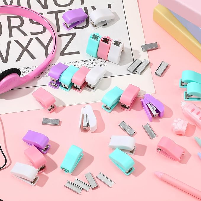 Fainne Mini Stapler with Staples, Portable Multicolor Small Stapler, Hand Held Desk Staplers, Cute Office Supply Set for Office College, 4 Colors (Fresh Color,24 Pcs)