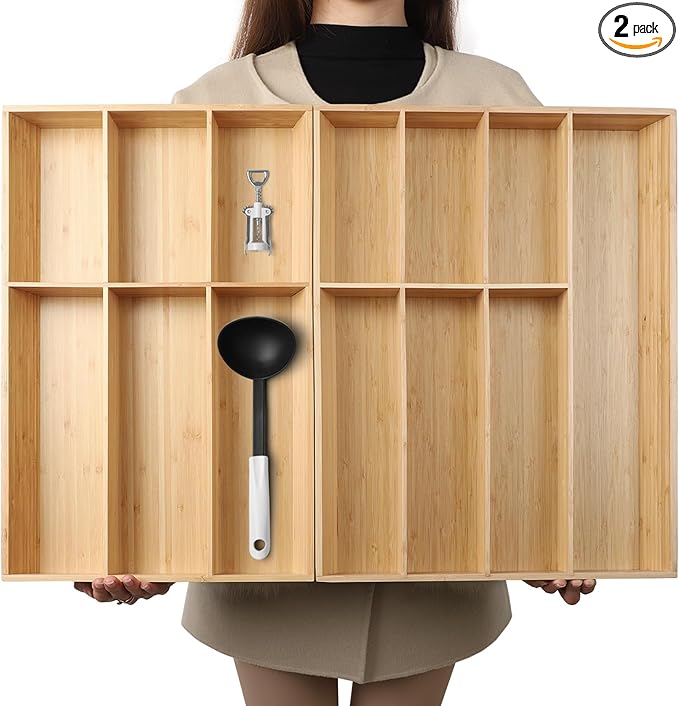 V-Shaped Extra Large Bamboo Drawer Organizer Set of 2, Kitchen Cutlery Tray Utensil Plate, Flatware&Silverware Storage Box, Wood Organizer for Bedroom, Living Room (19.6"x14.6" & 19.6"x12.4")