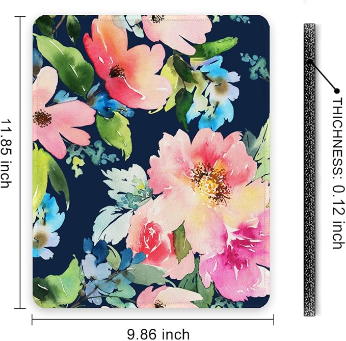 Auhoahsil Mouse Pad, 12 x 10 in Flowers Theme Computer Mouse Pad for Desk, Premium-Textured Non-Slip Rubber Stitched Edges Waterproof Square Mouse Mat for Gaming Work Wireless Mice, Black
