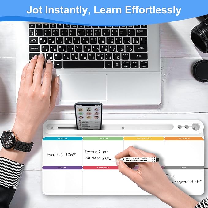 Desktop Glass Whiteboard with Storage, Colorful Weekly Calendar Desk Dry Erase White Board, Desk Organizers and Accessories, Weekly Planner Board with Notes for Planning, Memo, Office, Home, School