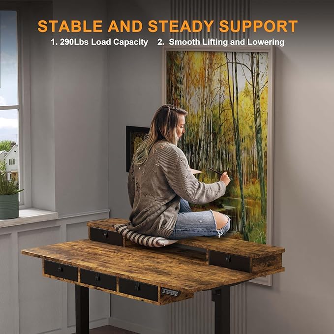 XINYAO Electric Standing Desk with 5 Drawers, 55x30 Inch Extra Wide Height Adjustable Sit Stand Up Desk with Storage Support 290lbs Ergonomic Rising Table with Wheels for Home Office