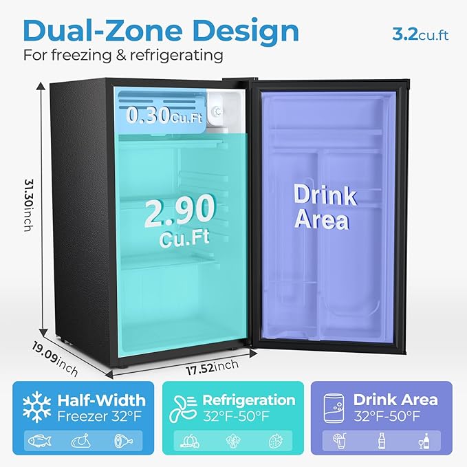 Antarctic Star 3.2 Cu.Ft. Mini Fridge with Freezer, Small Refrigerators with Adjustable Thermostat, Low Noise, Energy Saving, Compact Refrigerators for College Dorm, Office, Bedroom, Apartment, Black