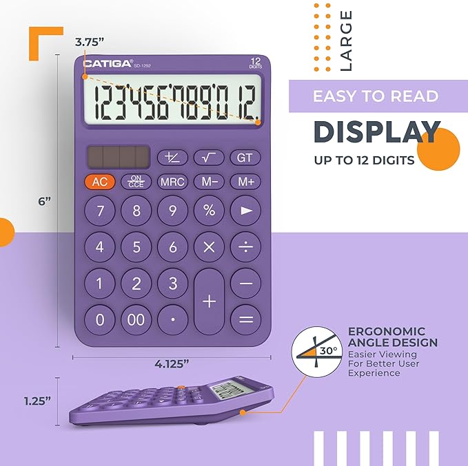 CATIGA 12 Digit Desktop Calculator Basic Desk Calculator with Large LCD Display, Big Buttons, 4 Function, Solar and Battery Dual Power, for Office, School, Home, SD-1292 Purple