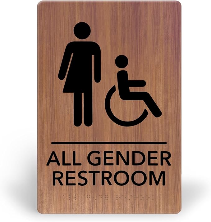 Promot All Gender Handicap Bathroom Sign – ADA Braille Restroom Sign for Business, Self-Adhesive, 9" x 6", Commercial Door Signage, Office Wall Decor - Chestnut