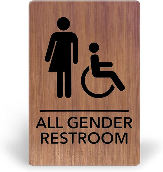 Promot All Gender Handicap Bathroom Sign – ADA Braille Restroom Sign for Business, Self-Adhesive, 9" x 6", Commercial Door Signage, Office Wall Decor - Chestnut