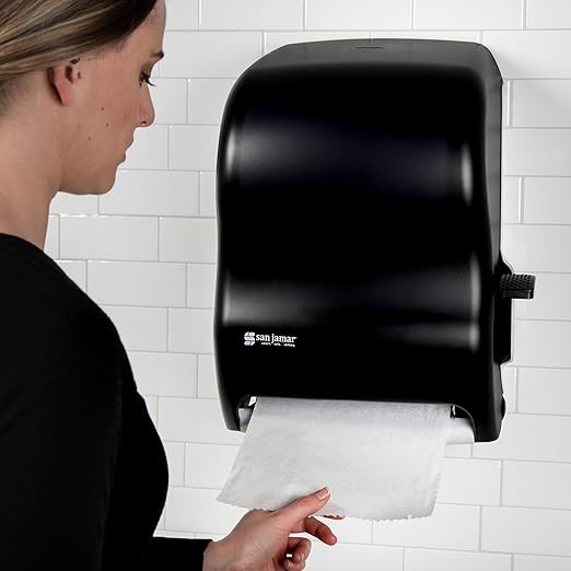 San Jamar Classic Paper Towel Dispenser with Lever for Bathroom, Kitchens, Restaurants, and Cafeterias, Plastic, For Universal 800' 8" Rolls, Black Pearl