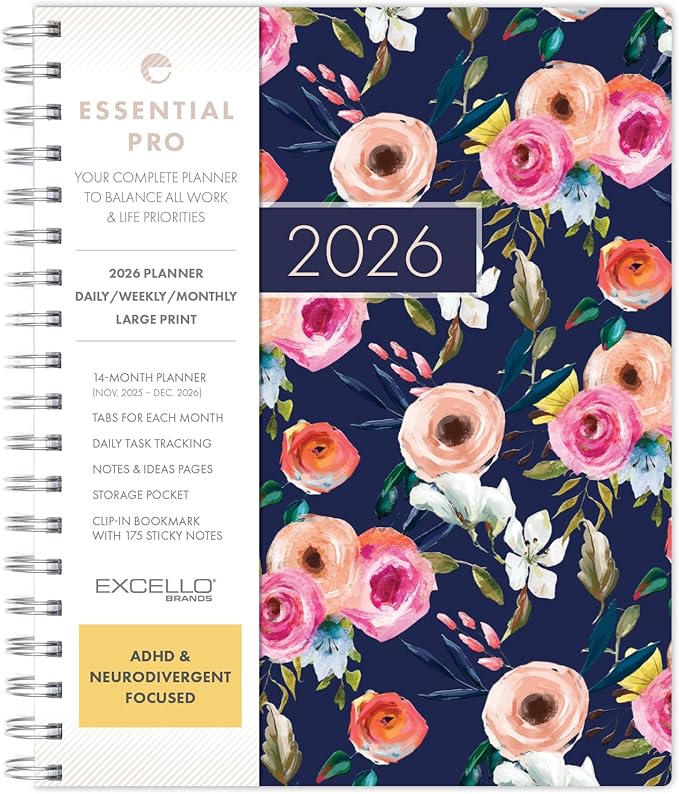 Essential PRO 2026 Daily, Weekly & Monthly Planner, 7"x9": 14 Months (Nov 2025 - Dec 2026) Monthly Tabs,Daily Tracking,Notes Pages,Storage Pocket,Bookmark w Sticky Notes (Small Navy Floral)