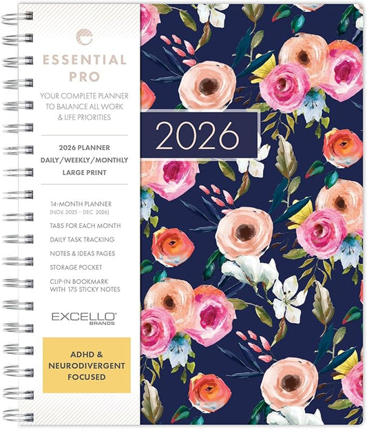 Essential PRO 2026 Daily, Weekly & Monthly Planner, 7"x9": 14 Months (Nov 2025 - Dec 2026) Monthly Tabs,Daily Tracking,Notes Pages,Storage Pocket,Bookmark w Sticky Notes (Small Navy Floral)