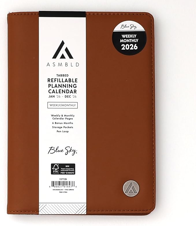 Blue Sky ASMBLD 2026 Weekly and Monthly Planner Calendar, January 2026 - December 2026, 5" x 8", Faux Leather Cover, Durable Twin Wire Binding, Storage Pocket, Laminated Tabs, Refillable, Pen Loop, Tan