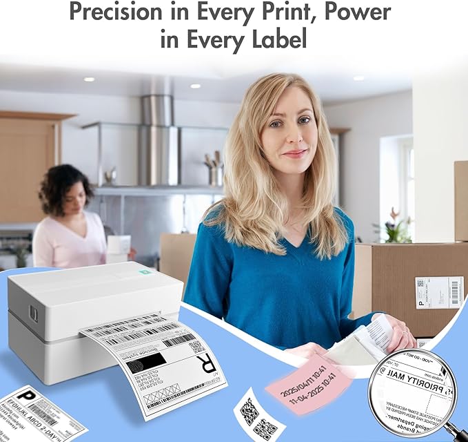Bluetooth Thermal Shipping Label Printer: 4x6 Wireless Label Maker with Tape for Small Business - Compatible with iPhone, Android, Windows & Mac, Widely Used for USPS UPS Ebay Amazon Shopify, White