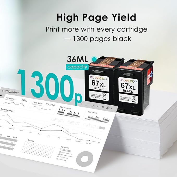EcoVictor 67XL Black Ink Cartridge Replacement for HP 67 XL (2-Pack) Compatible to HP DeskJet 2755e 2700 2700e 4155e 2752 2755 4100 4100e 2320 Envy 6055e 6000 6000e 6455e 6400 6400e 6458 6052 Printer
